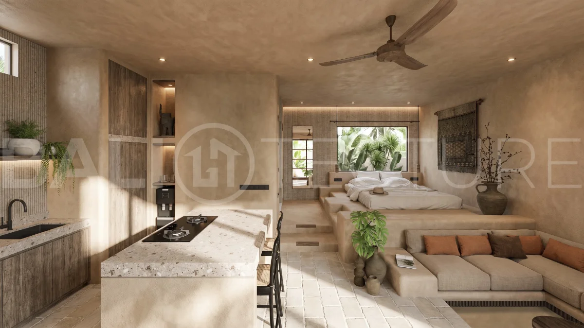 Off-plan studio villa in Ubud, Bali, featuring a private pool, garden terrace, and tropical minimalist architecture.