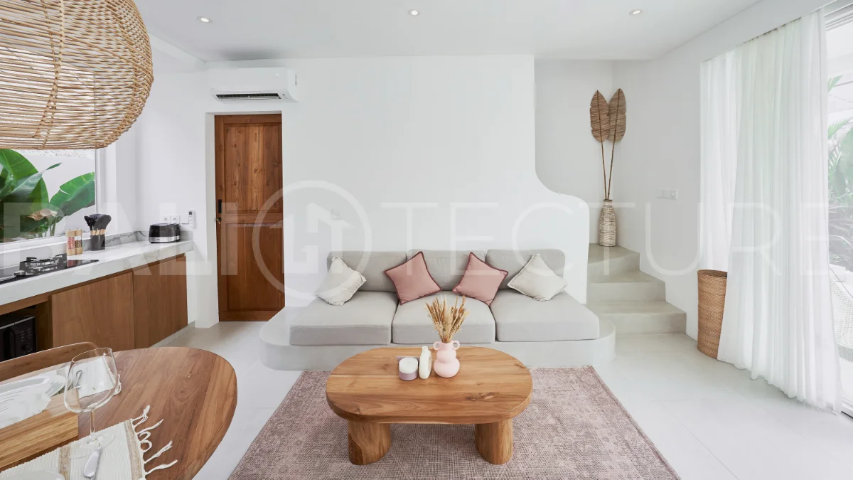 1-bedroom villa for sale in Canggu with a private pool, tropical garden, terrace, and modern living space, offered on a 25.5-year leasehold until March 2052.