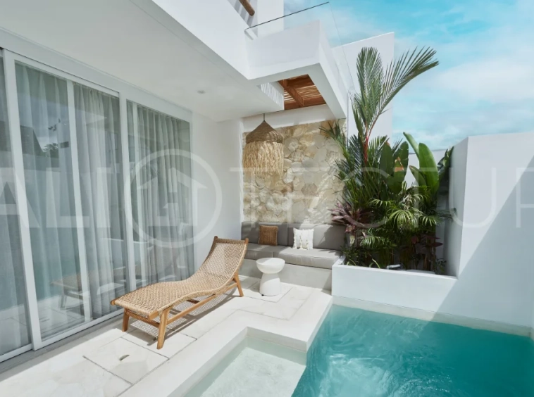 1-bedroom villa for sale in Canggu with a private pool, tropical garden, terrace, and modern living space, offered on a 25.5-year leasehold until March 2052.