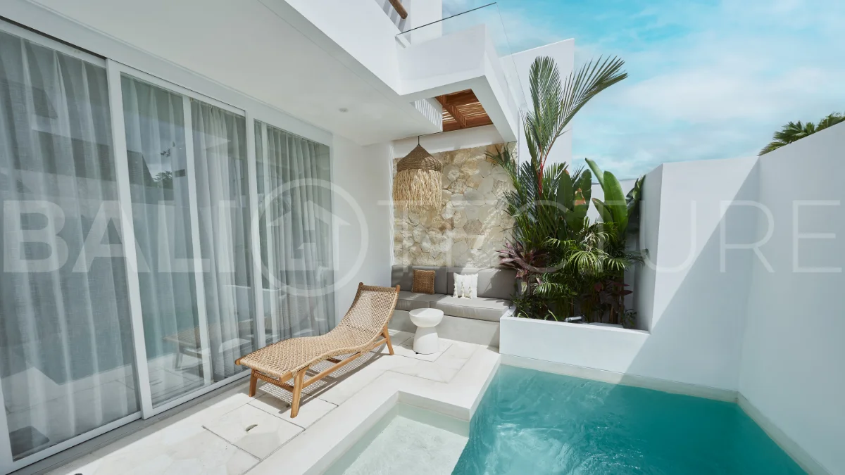1-bedroom villa for sale in Canggu with a private pool, tropical garden, terrace, and modern living space, offered on a 25.5-year leasehold until March 2052.