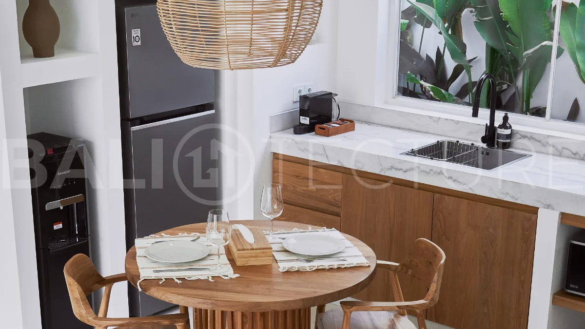 1-bedroom villa for sale in Canggu with a private pool, tropical garden, terrace, and modern living space, offered on a 25.5-year leasehold until March 2052.