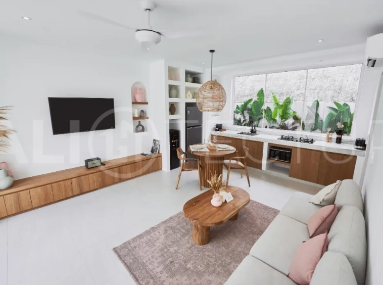 1-bedroom villa for sale in Canggu with a private pool, tropical garden, terrace, and modern living space, offered on a 25.5-year leasehold until March 2052.