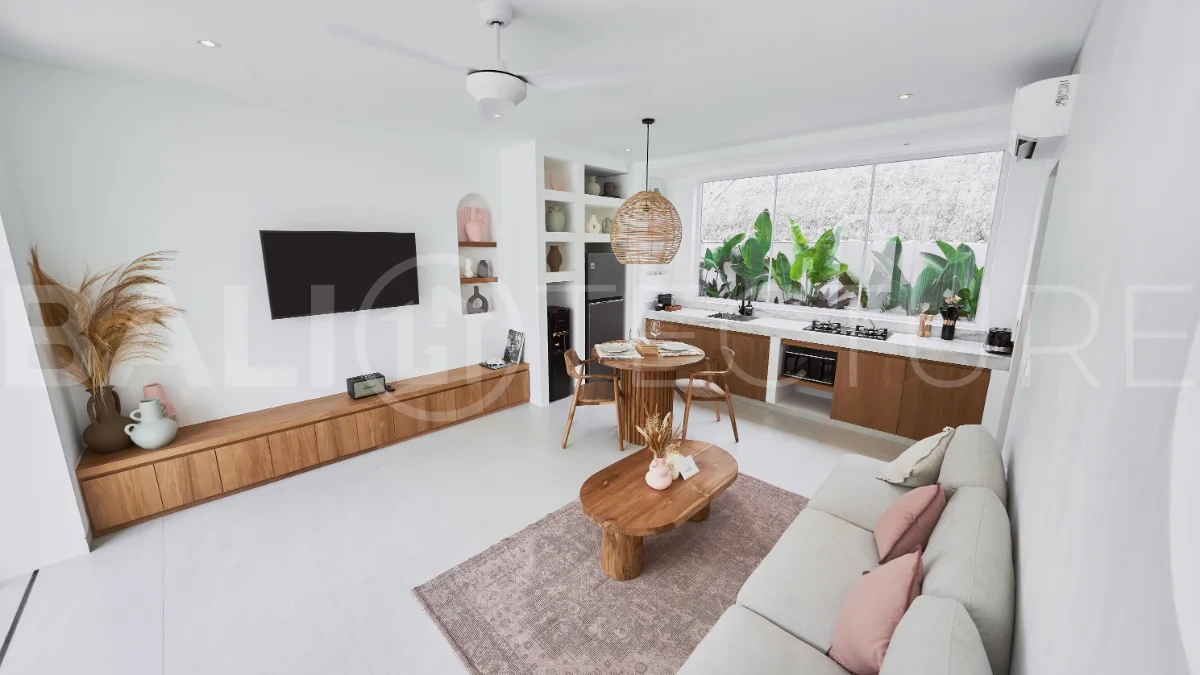 1-bedroom villa for sale in Canggu with a private pool, tropical garden, terrace, and modern living space, offered on a 25.5-year leasehold until March 2052.