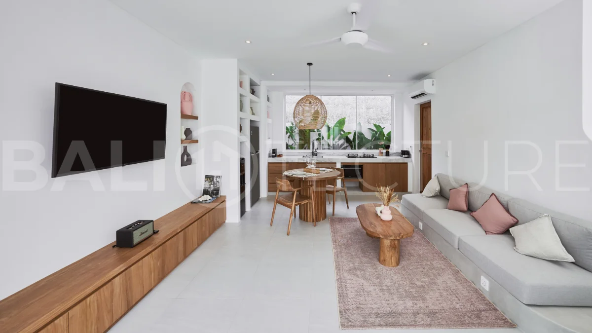 1-bedroom villa for sale in Canggu with a private pool, tropical garden, terrace, and modern living space, offered on a 25.5-year leasehold until March 2052.