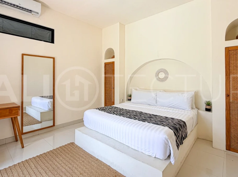1-bedroom tropical villa for sale in Kayu Tulang, Canggu, featuring a private swimming pool, spacious bedroom, modern interiors, and a landscaped outdoor terrace.