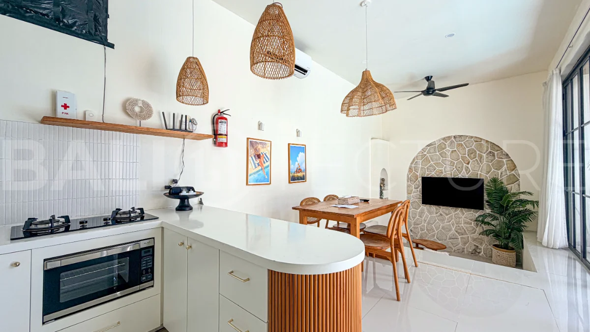 1-bedroom tropical villa for sale in Kayu Tulang, Canggu, featuring a private swimming pool, spacious bedroom, modern interiors, and a landscaped outdoor terrace.