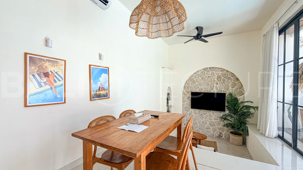 1-bedroom tropical villa for sale in Kayu Tulang, Canggu, featuring a private swimming pool, spacious bedroom, modern interiors, and a landscaped outdoor terrace.