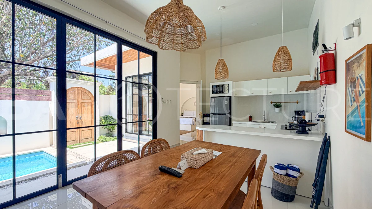 1-bedroom tropical villa for sale in Kayu Tulang, Canggu, featuring a private swimming pool, spacious bedroom, modern interiors, and a landscaped outdoor terrace.