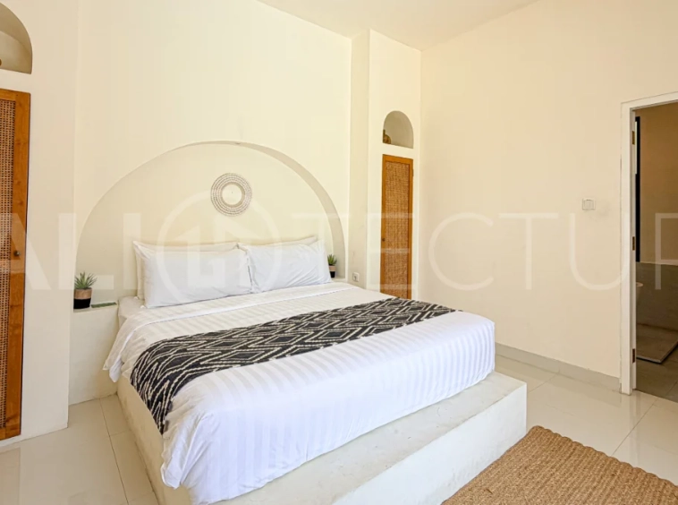 1-bedroom tropical villa for sale in Kayu Tulang, Canggu, featuring a private swimming pool, spacious bedroom, modern interiors, and a landscaped outdoor terrace.