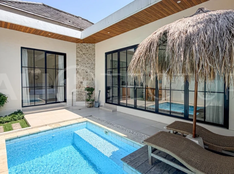 1-bedroom tropical villa for sale in Kayu Tulang, Canggu, featuring a private swimming pool, spacious bedroom, modern interiors, and a landscaped outdoor terrace.