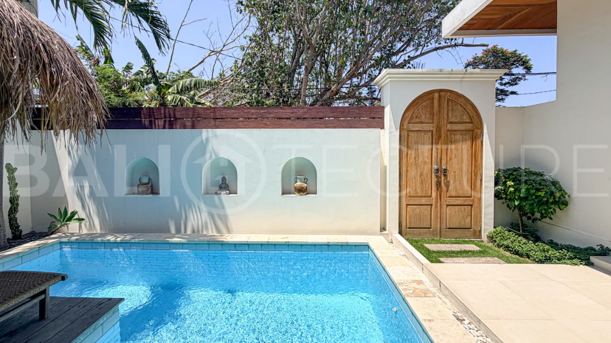 1-bedroom tropical villa for sale in Kayu Tulang, Canggu, featuring a private swimming pool, spacious bedroom, modern interiors, and a landscaped outdoor terrace.