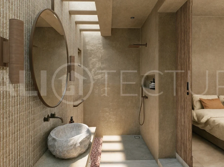 Off-plan villa in Ubud, Bali, showcasing tropical minimalist and Wabi Sabi architecture, a private swimming pool, garden, and rooftop deck overlooking lush jungle greenery.