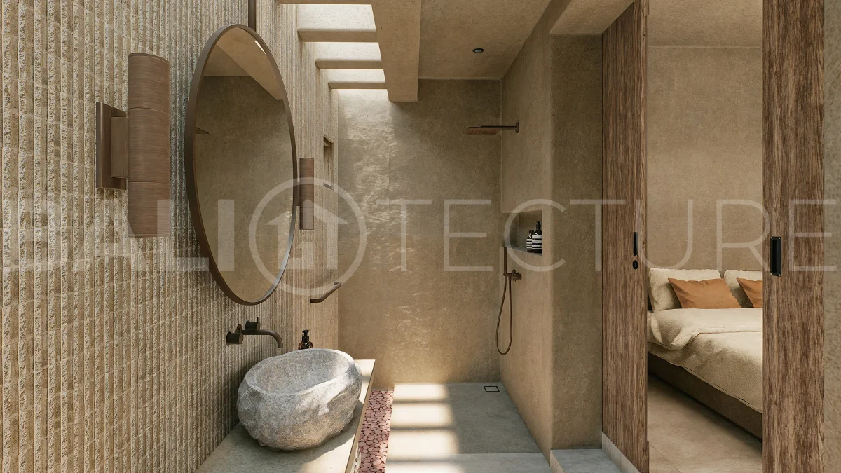 Off-plan villa in Ubud, Bali, showcasing tropical minimalist and Wabi Sabi architecture, a private swimming pool, garden, and rooftop deck overlooking lush jungle greenery.