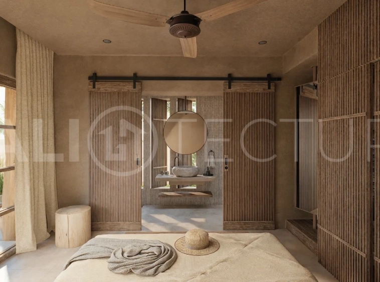 Off-plan villa in Ubud, Bali, showcasing tropical minimalist and Wabi Sabi architecture, a private swimming pool, garden, and rooftop deck overlooking lush jungle greenery.