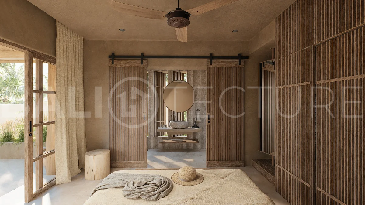 Off-plan villa in Ubud, Bali, showcasing tropical minimalist and Wabi Sabi architecture, a private swimming pool, garden, and rooftop deck overlooking lush jungle greenery.