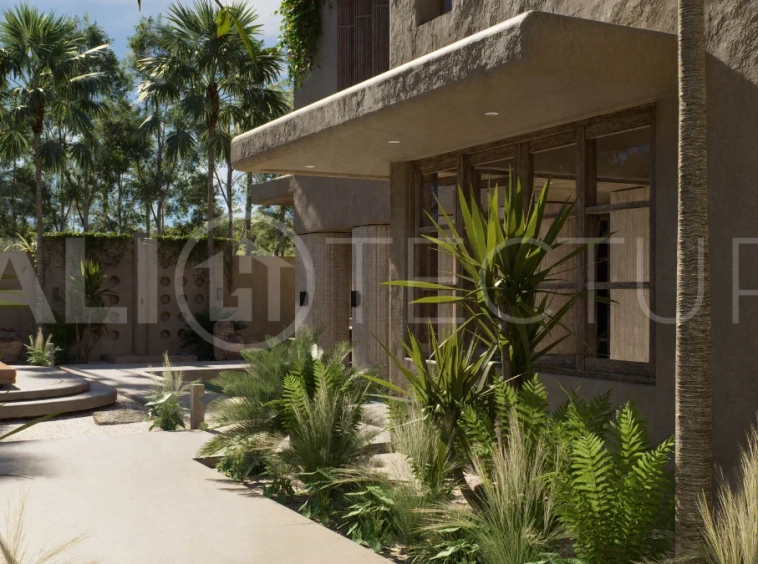 Off-plan villa in Ubud, Bali, showcasing tropical minimalist and Wabi Sabi architecture, a private swimming pool, garden, and rooftop deck overlooking lush jungle greenery.