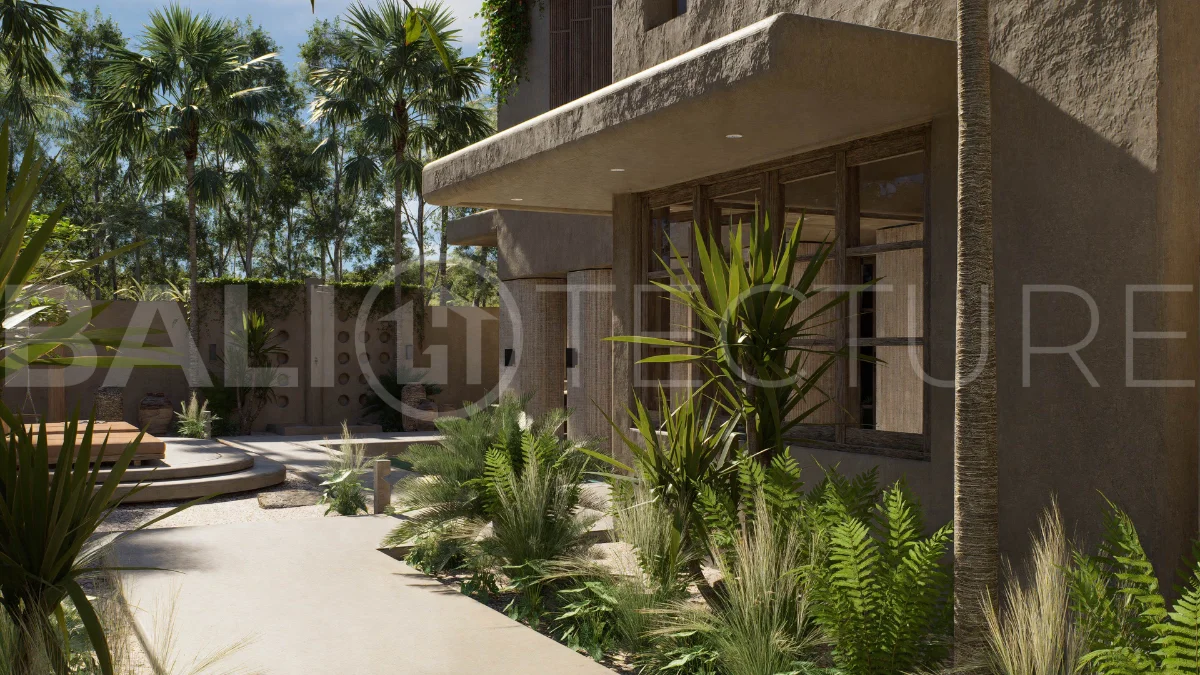 Off-plan villa in Ubud, Bali, showcasing tropical minimalist and Wabi Sabi architecture, a private swimming pool, garden, and rooftop deck overlooking lush jungle greenery.