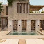 Off-plan villa in Ubud, Bali, showcasing tropical minimalist and Wabi Sabi architecture, a private swimming pool, garden, and rooftop deck overlooking lush jungle greenery.