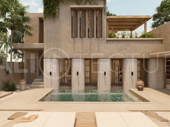 Off-plan villa in Ubud, Bali, showcasing tropical minimalist and Wabi Sabi architecture, a private swimming pool, garden, and rooftop deck overlooking lush jungle greenery.