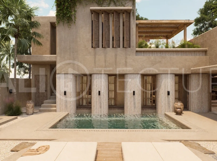 Off-plan villa in Ubud, Bali, showcasing tropical minimalist and Wabi Sabi architecture, a private swimming pool, garden, and rooftop deck overlooking lush jungle greenery.