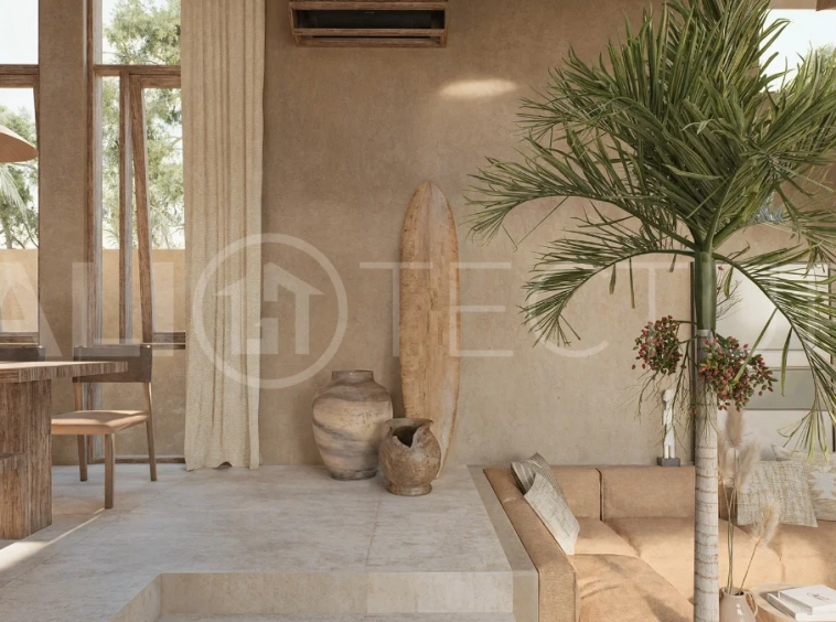 Off-plan villa in Ubud, Bali, showcasing tropical minimalist and Wabi Sabi architecture, a private swimming pool, garden, and rooftop deck overlooking lush jungle greenery.