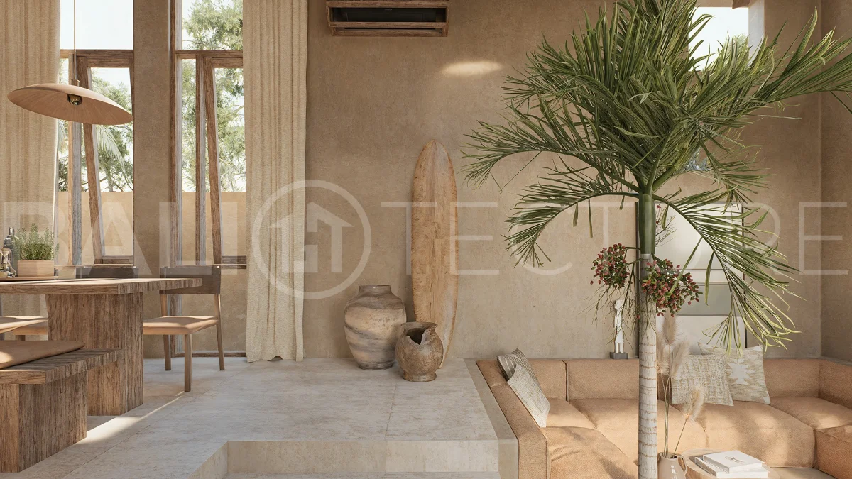 Off-plan villa in Ubud, Bali, showcasing tropical minimalist and Wabi Sabi architecture, a private swimming pool, garden, and rooftop deck overlooking lush jungle greenery.