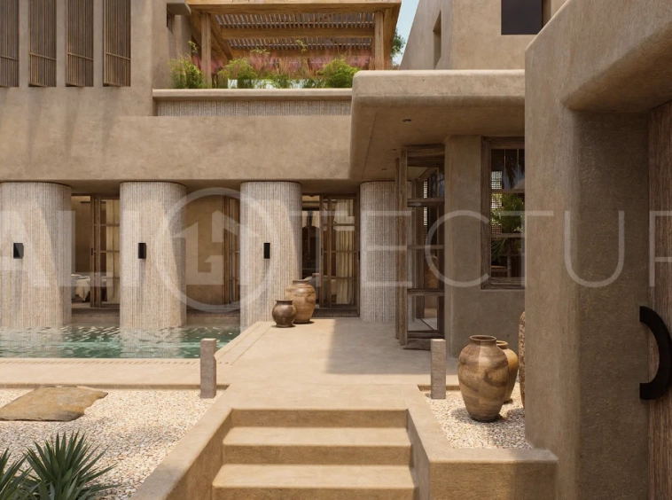 Off-plan villa in Ubud, Bali, showcasing tropical minimalist and Wabi Sabi architecture, a private swimming pool, garden, and rooftop deck overlooking lush jungle greenery.