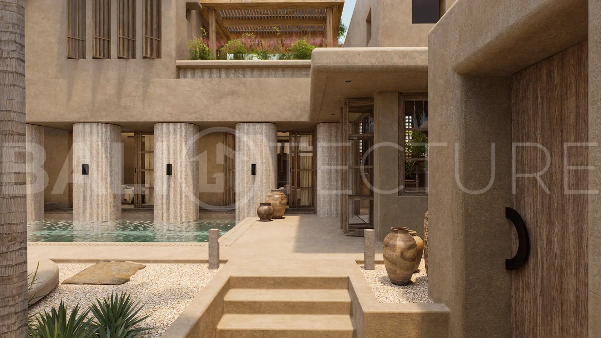 Off-plan villa in Ubud, Bali, showcasing tropical minimalist and Wabi Sabi architecture, a private swimming pool, garden, and rooftop deck overlooking lush jungle greenery.