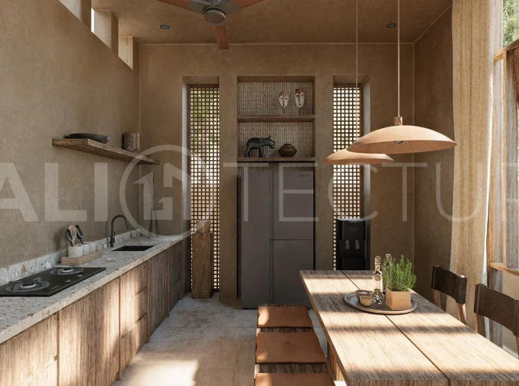 Off-plan villa in Ubud, Bali, showcasing tropical minimalist and Wabi Sabi architecture, a private swimming pool, garden, and rooftop deck overlooking lush jungle greenery.