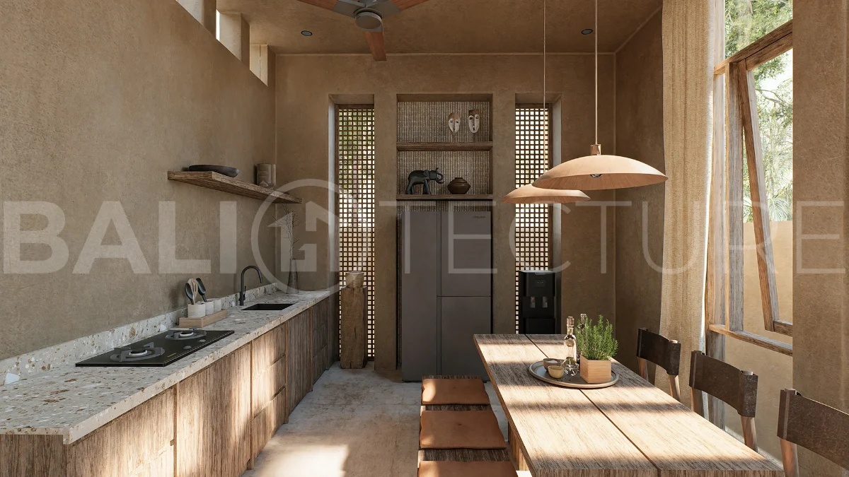 Off-plan villa in Ubud, Bali, showcasing tropical minimalist and Wabi Sabi architecture, a private swimming pool, garden, and rooftop deck overlooking lush jungle greenery.