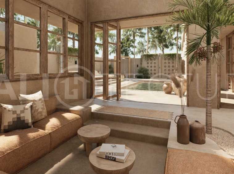 Off-plan villa in Ubud, Bali, showcasing tropical minimalist and Wabi Sabi architecture, a private swimming pool, garden, and rooftop deck overlooking lush jungle greenery.