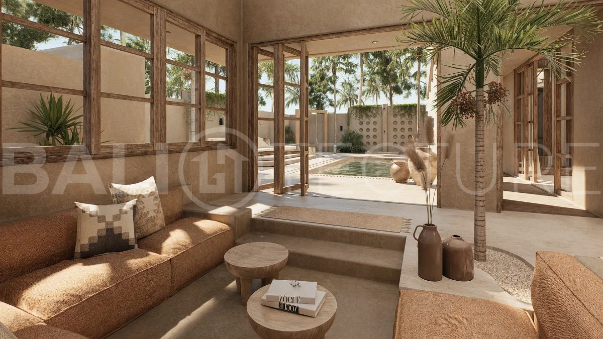 Off-plan villa in Ubud, Bali, showcasing tropical minimalist and Wabi Sabi architecture, a private swimming pool, garden, and rooftop deck overlooking lush jungle greenery.